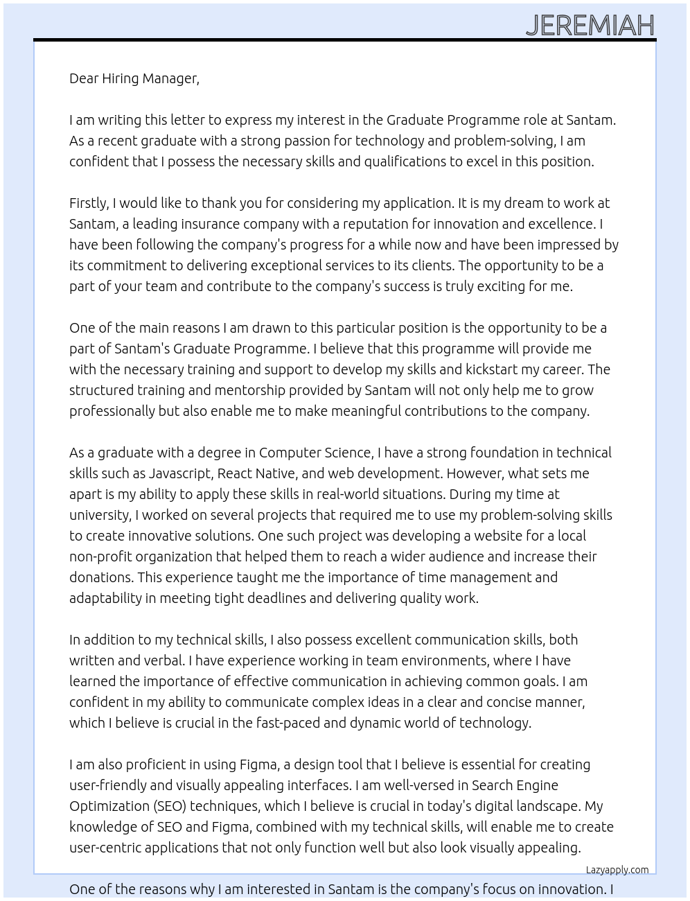 Graduate programme At Santam Cover Letter