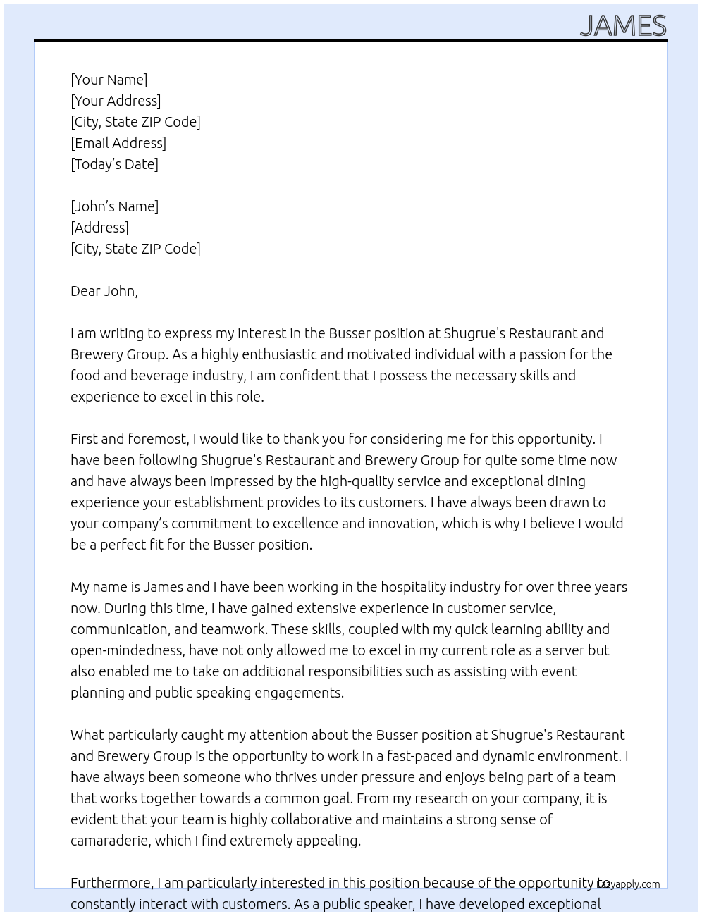 Busser At Shugrue's Restaurant and Brewery Group Cover Letter