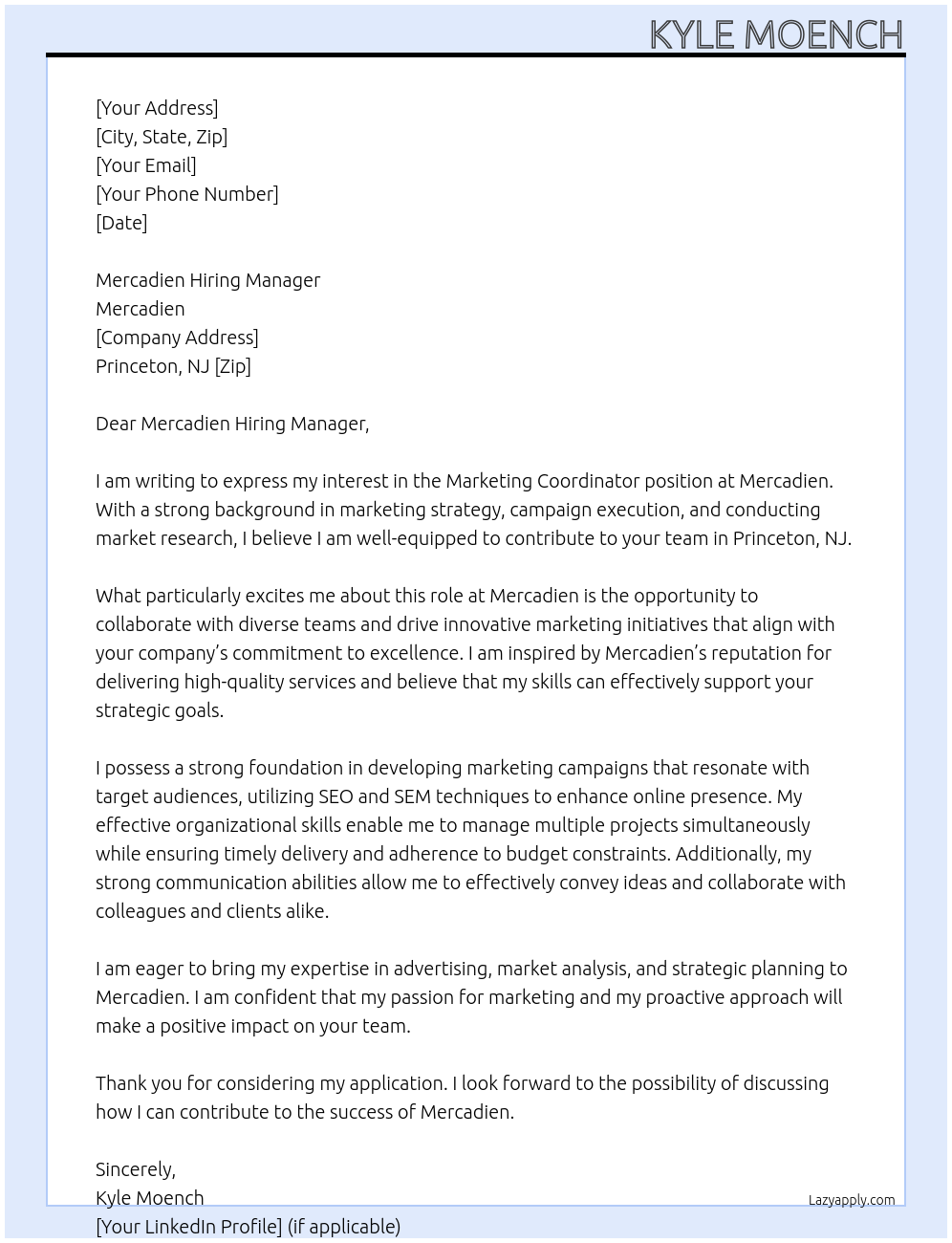 Marketing Coordinator At Mercadien Cover Letter