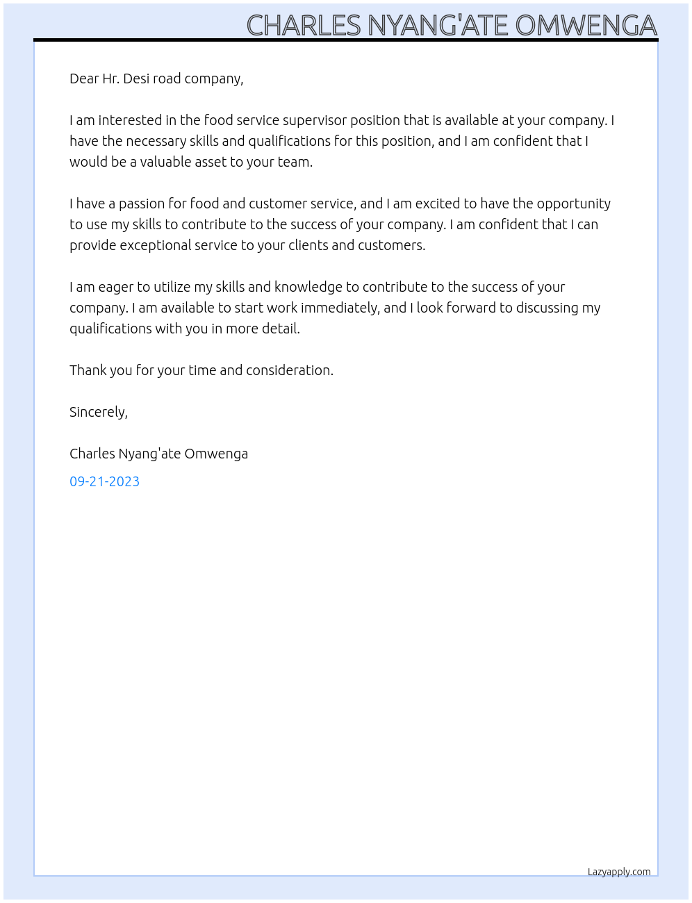 Food service supervisor At Desi road company Cover Letter