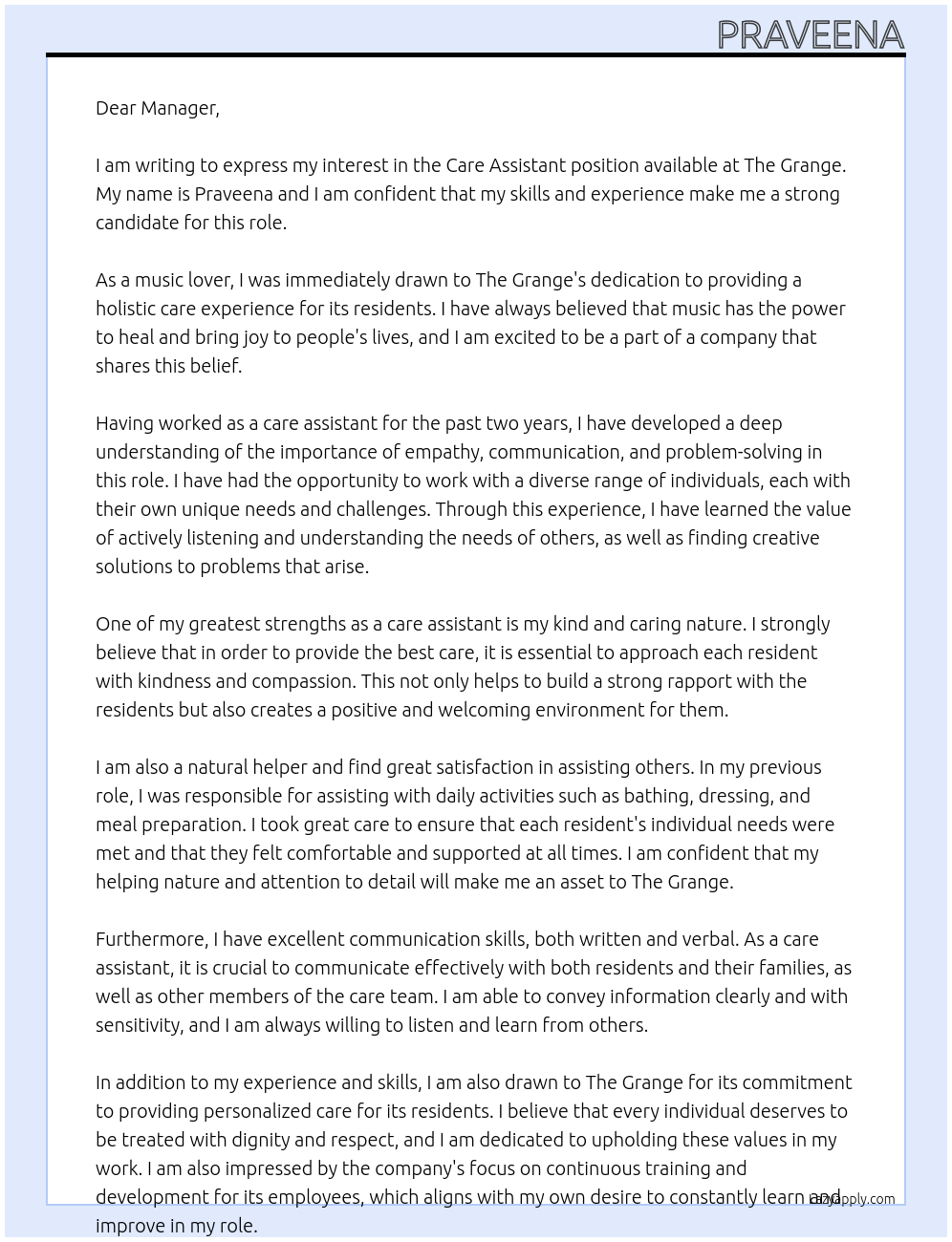 Care assistant  At The grange  Cover Letter