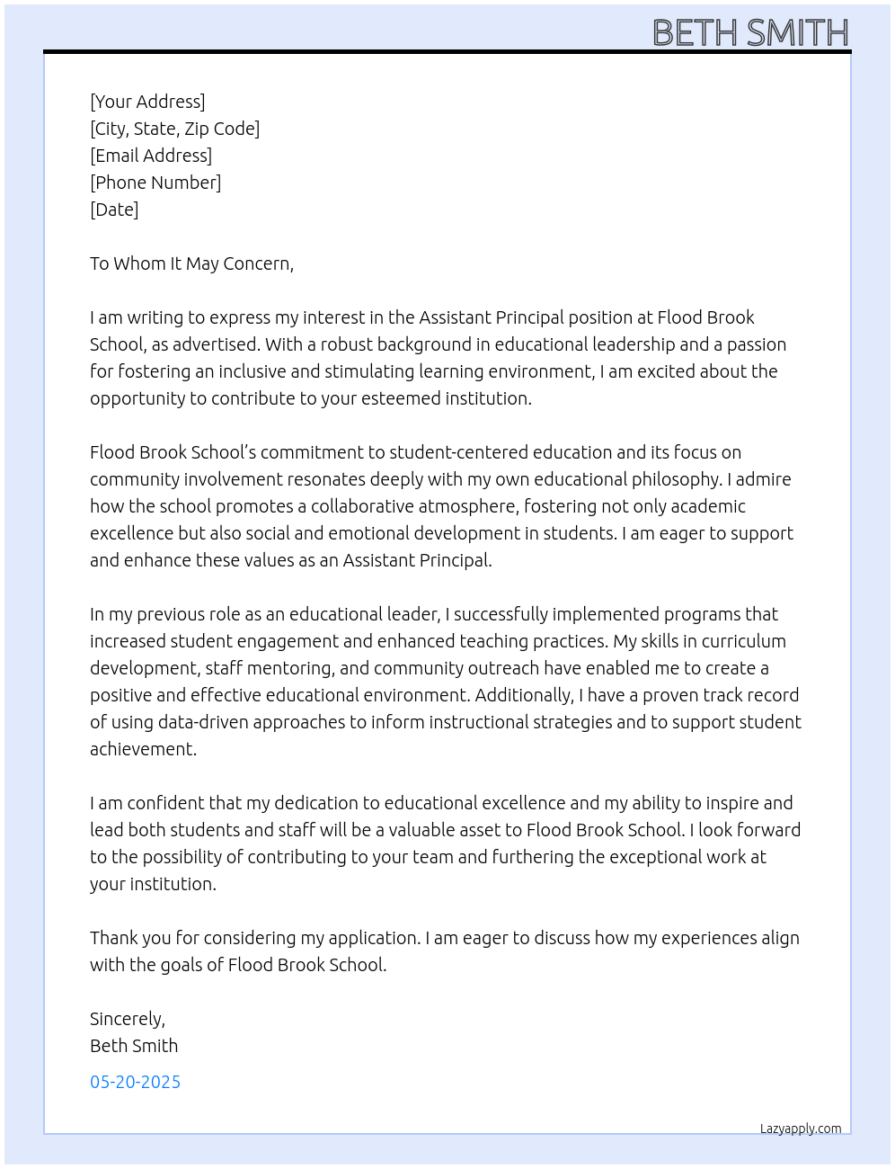 Assistant Principal At Flood Brook School Cover Letter