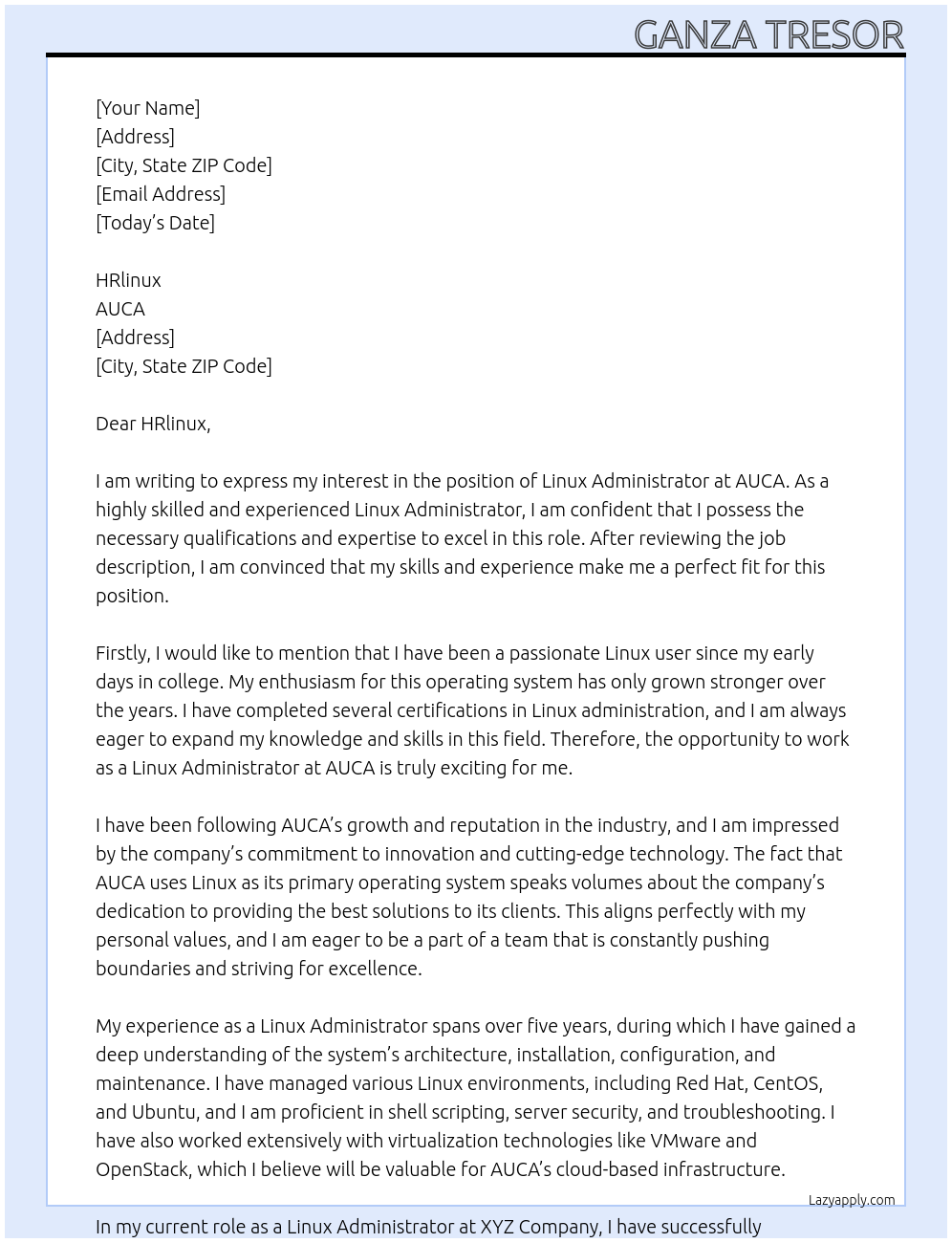 Linux Administrator At AUCA Cover Letter