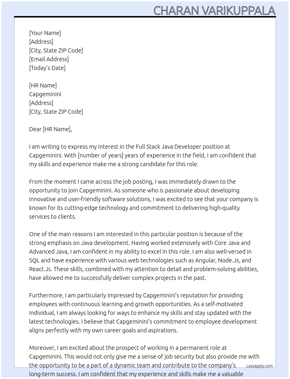 Full Stack Java Developer  At Capgeminini  Cover Letter