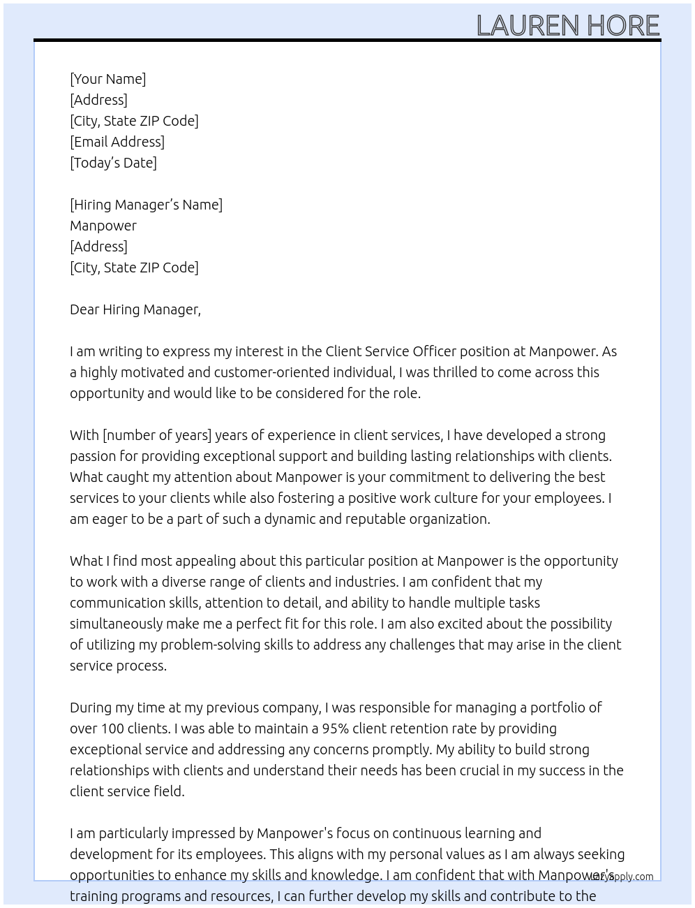 Client Service Officer At Manpower Cover Letter