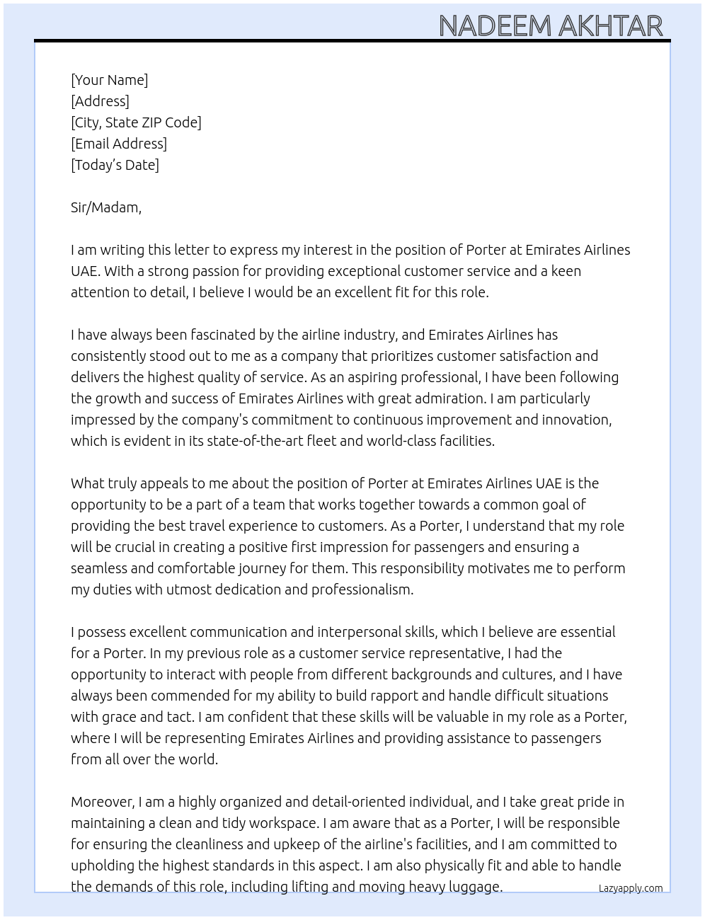 Porter At Emirates Airlines UAE Cover Letter