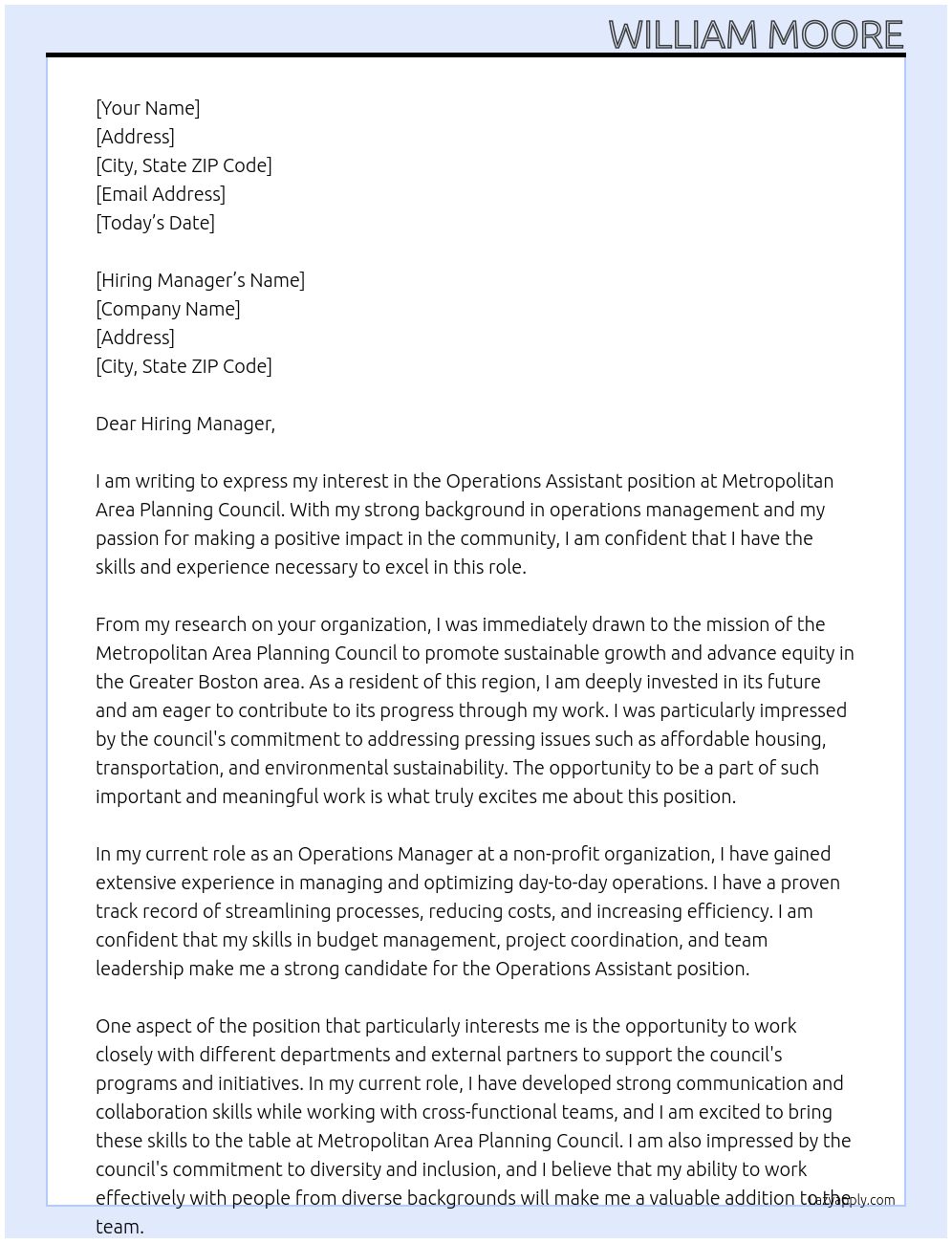 Operations Assistant At Metropolitan Area Planning Council Cover Letter
