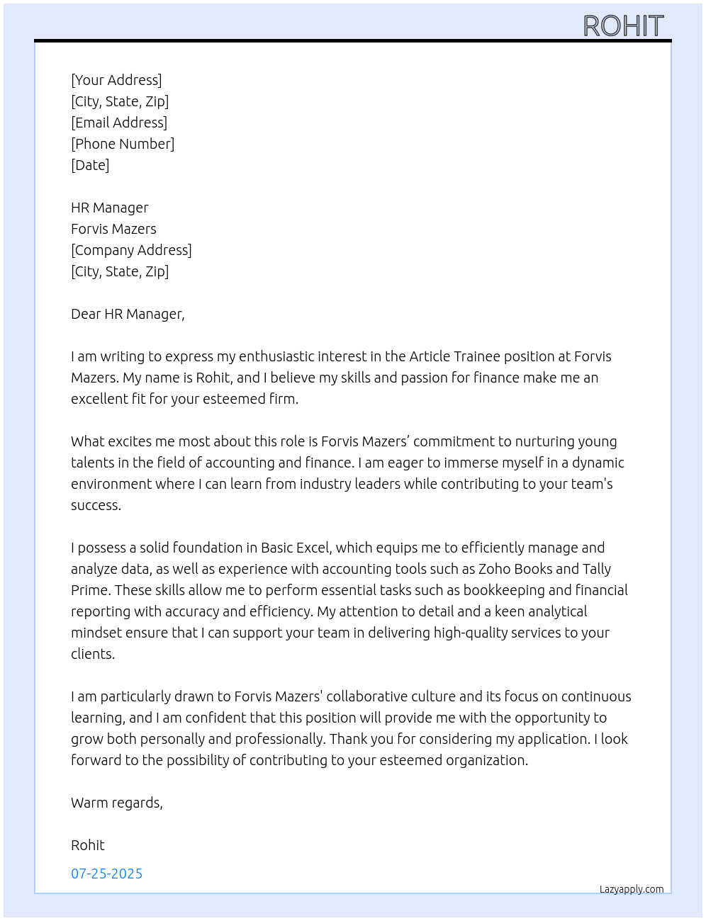 Article trainee At Forvis Mazers Cover Letter