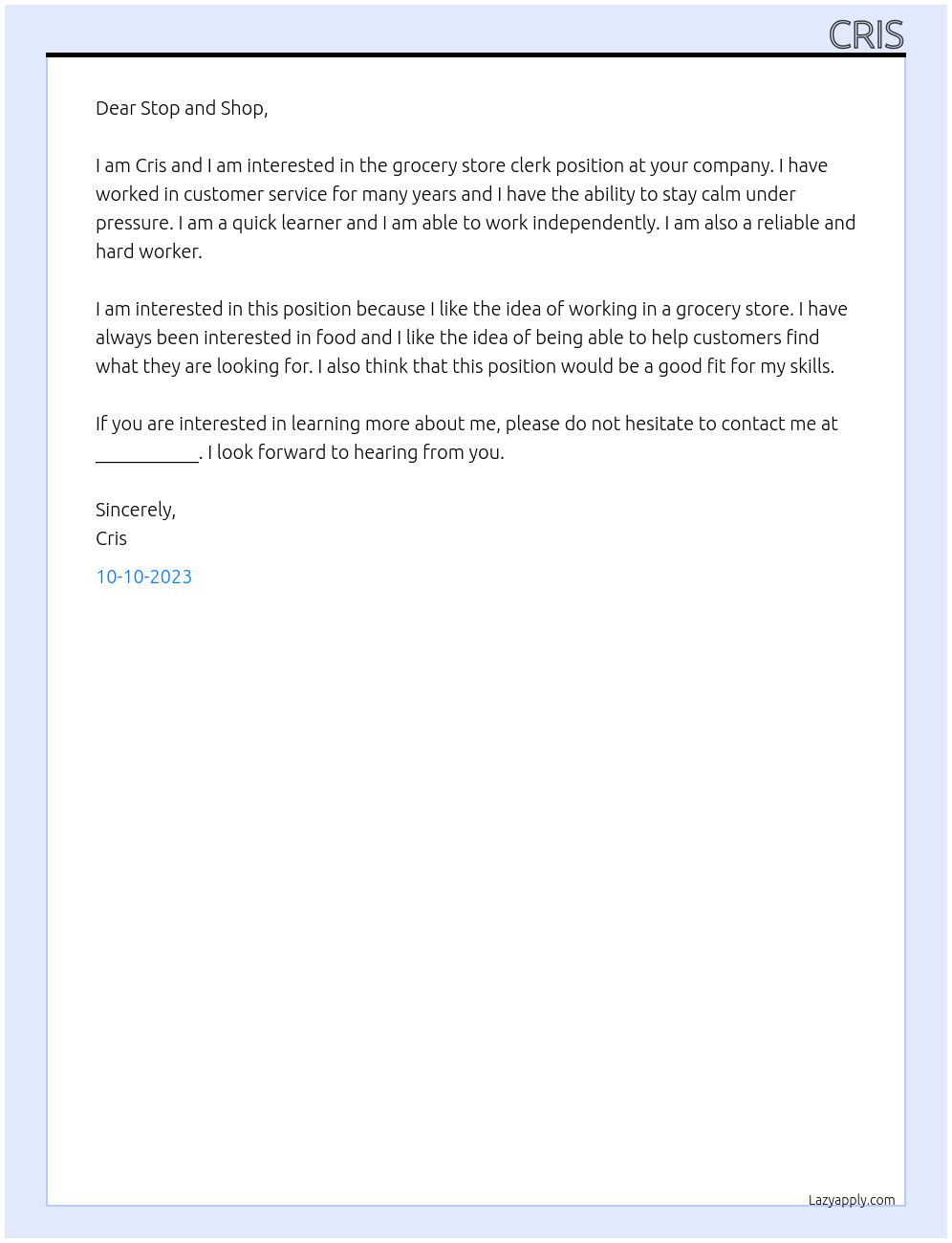 Grocery store clerk At Stop and Shop Cover Letter