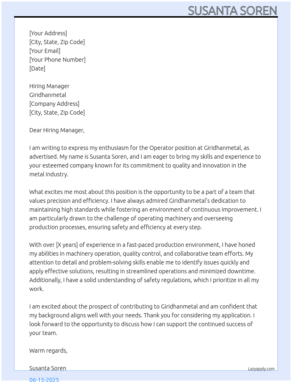 Operator At Giridhanmetal Cover Letter