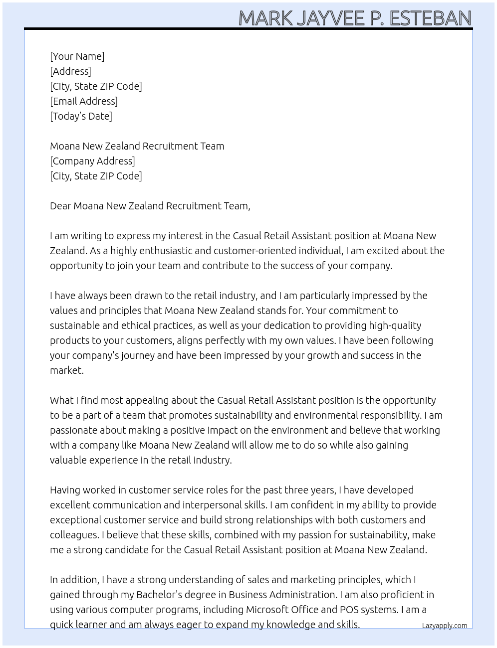 Casual Retail Assistant At Moana New Zealand Cover Letter