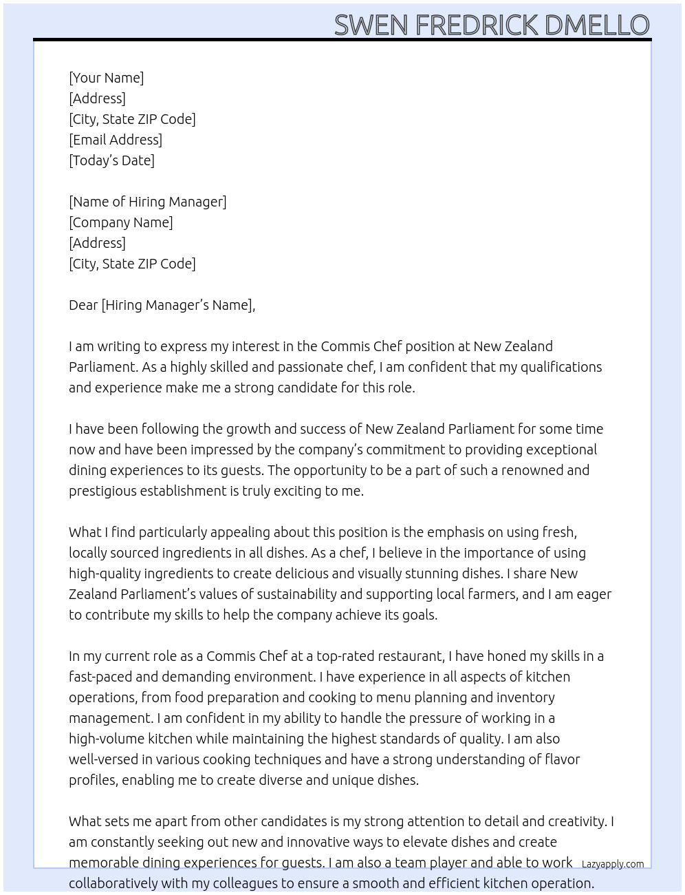 Commis chef At New Zealand Parliament Cover Letter