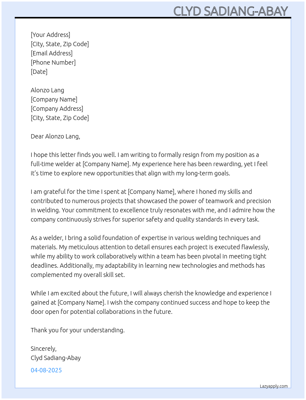 resignation letter At Welder Cover Letter