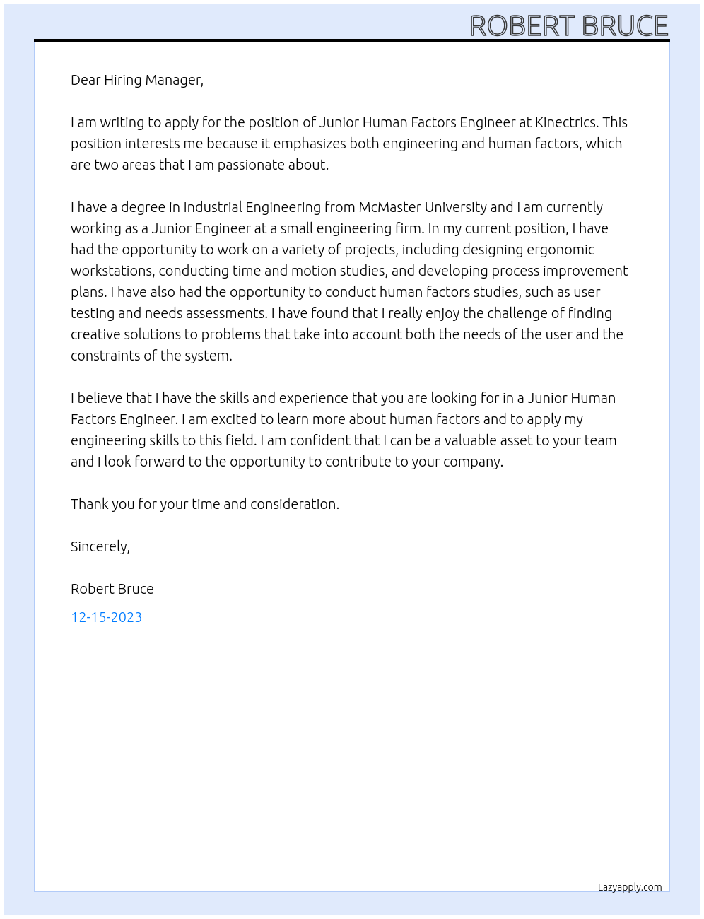 Junior Human Factors Engineer At Kinectrics Cover Letter