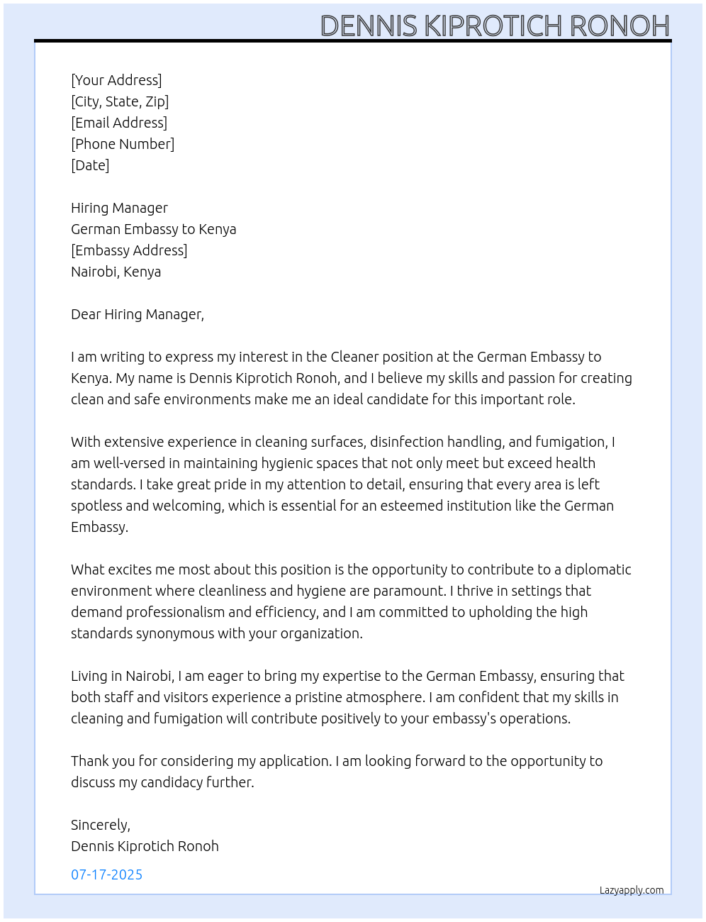 Cleaner  At German Embassy to kenya Cover Letter