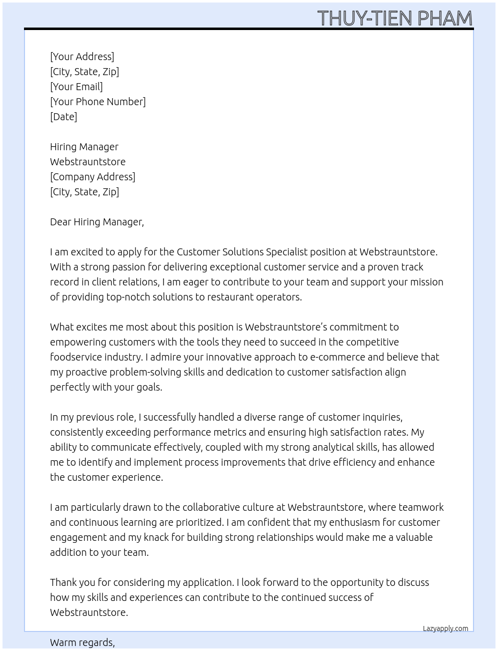 Customer Solutions Specialist At Webstrauntstore Cover Letter