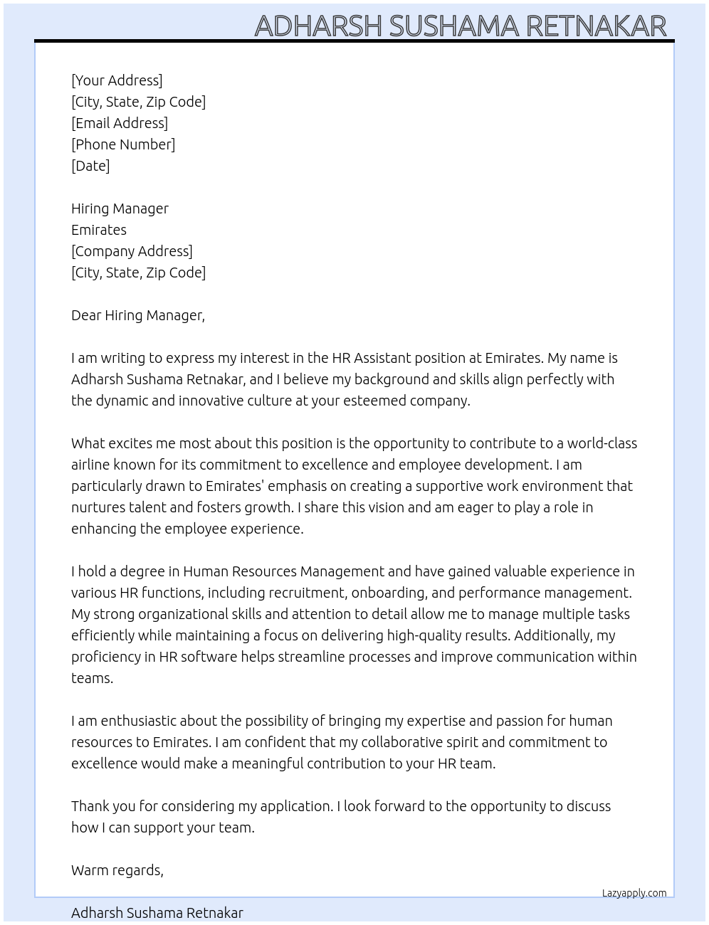 Hr assistant At Emirates Cover Letter