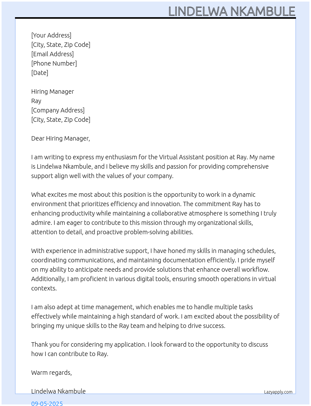 VIRTUAL ASSISTANT At Ray Cover Letter