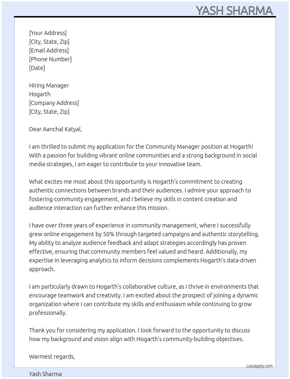 Community Manager At Hogarth Cover Letter