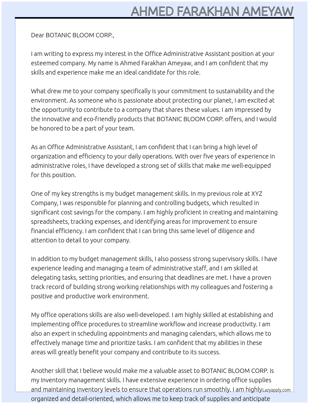 Office administrative assistant At BOTANIC BLOOM CORP. Cover Letter