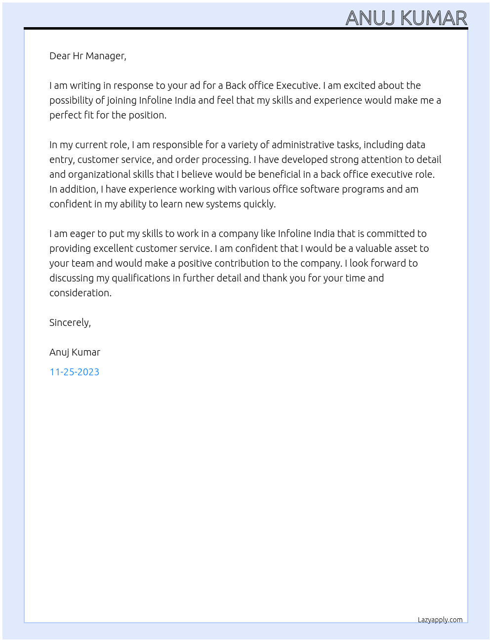 Back office Executive At INFOLINE INDIA Cover Letter