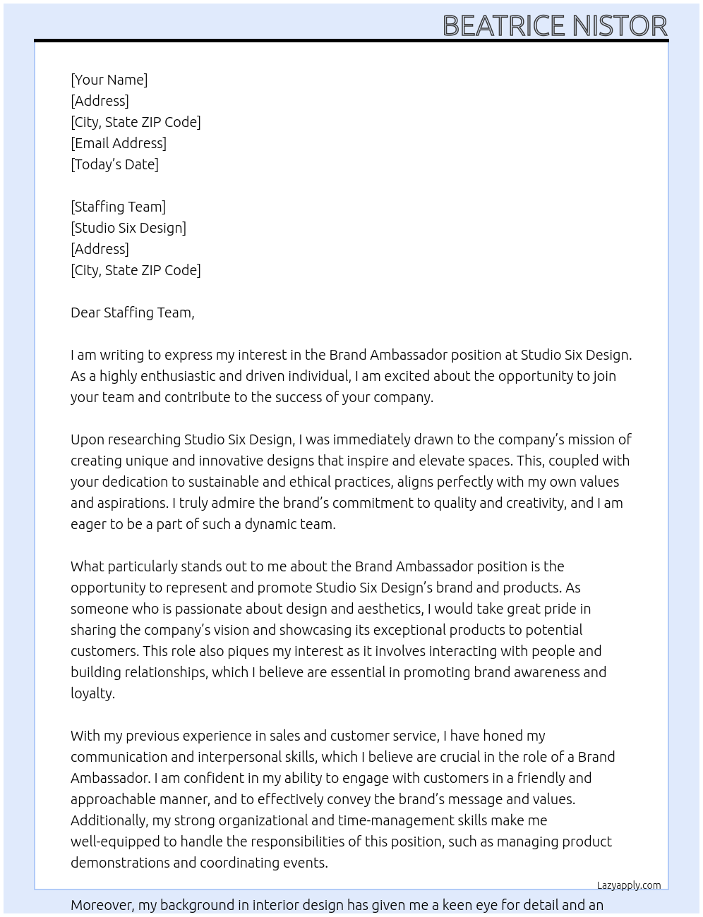 Brand Ambassador At Studio Six Design Cover Letter