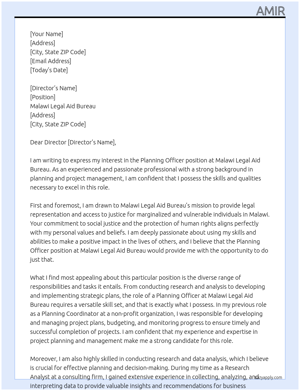 Planning officer At Malawi legal Aid Bureau Cover Letter