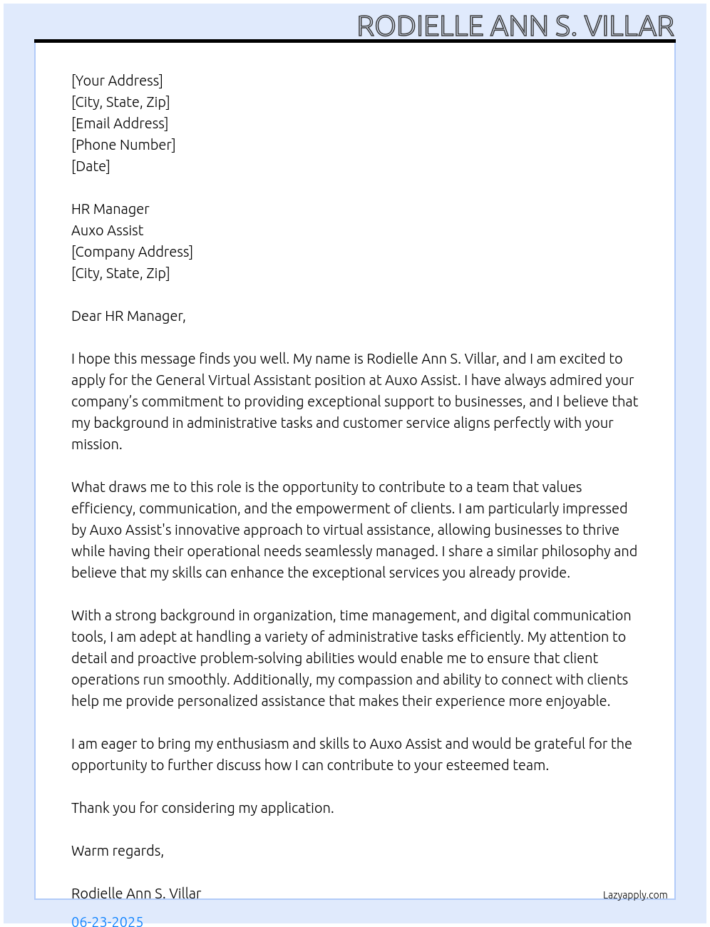 Cover letter for general virtual assistant - LazyApply