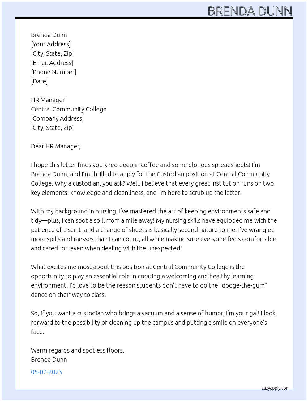 Custodian At Central Community College Cover Letter