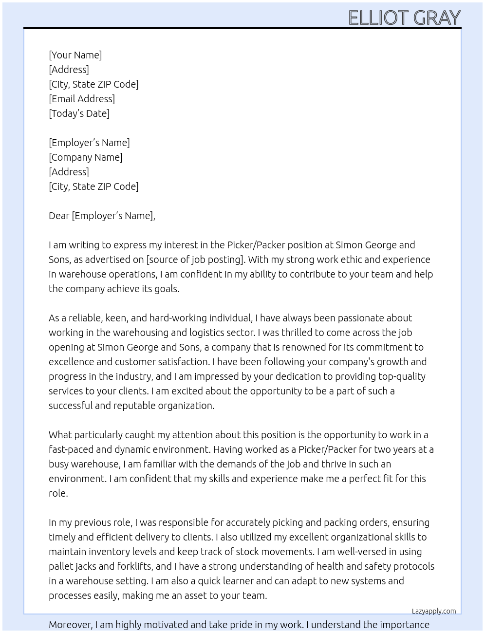 Picker / Packer At Simon George and Sons Cover Letter