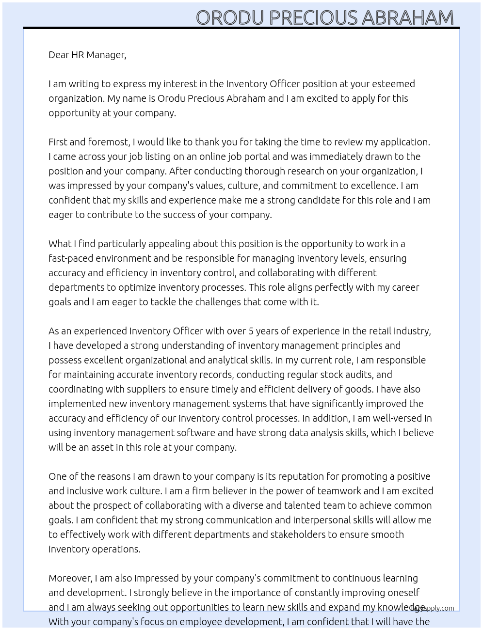 Inventory Officer At Unknown Cover Letter