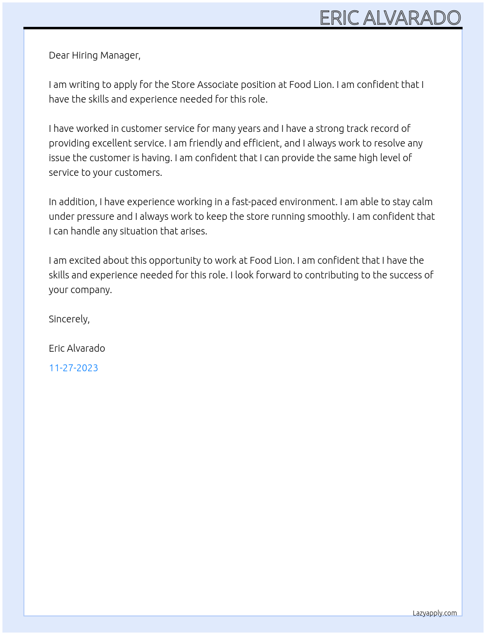 Store associate At Food lion Cover Letter