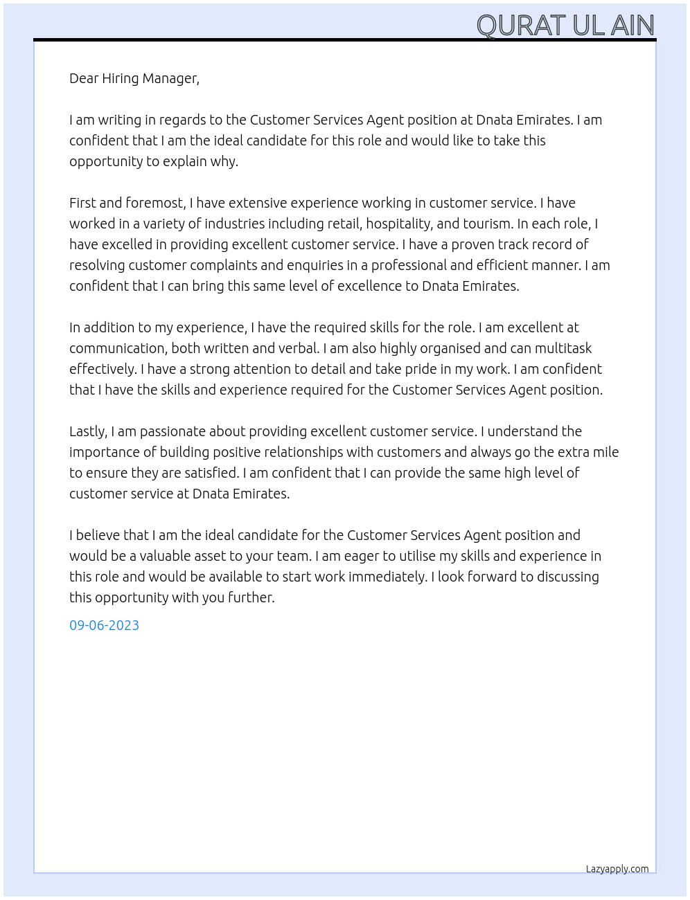 Customer services agent At Dnata Emirates Cover Letter