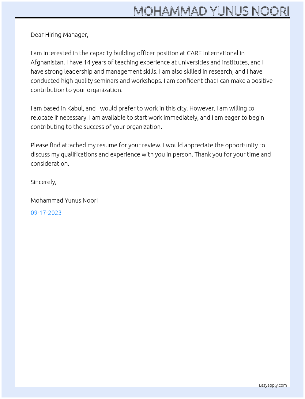 capacity building officer At CARE International in Afghanistan Cover Letter