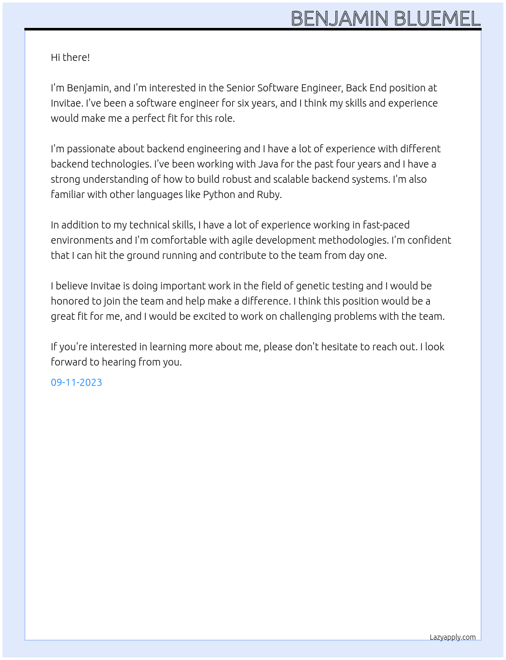 Senior Software Engineer, Back End At Invitae Cover Letter