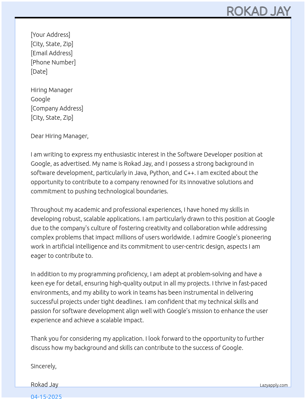 software devloper At google Cover Letter