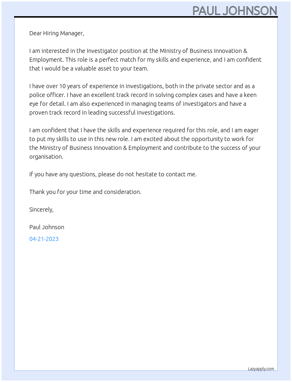 Investigator At Ministry of Business Innovation & Employment Cover Letter