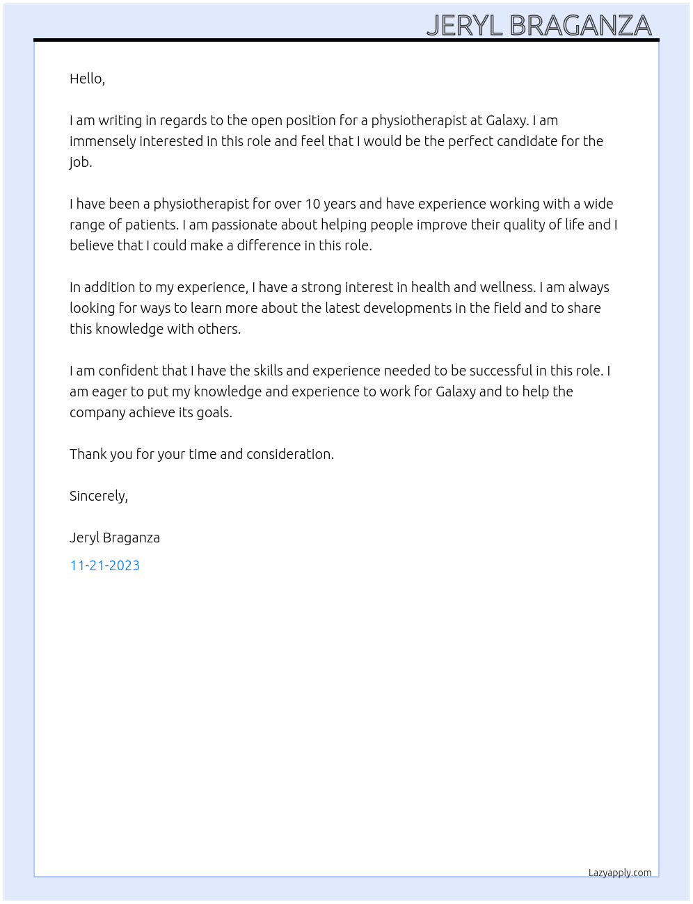 Physiotherapist At Galaxy Cover Letter