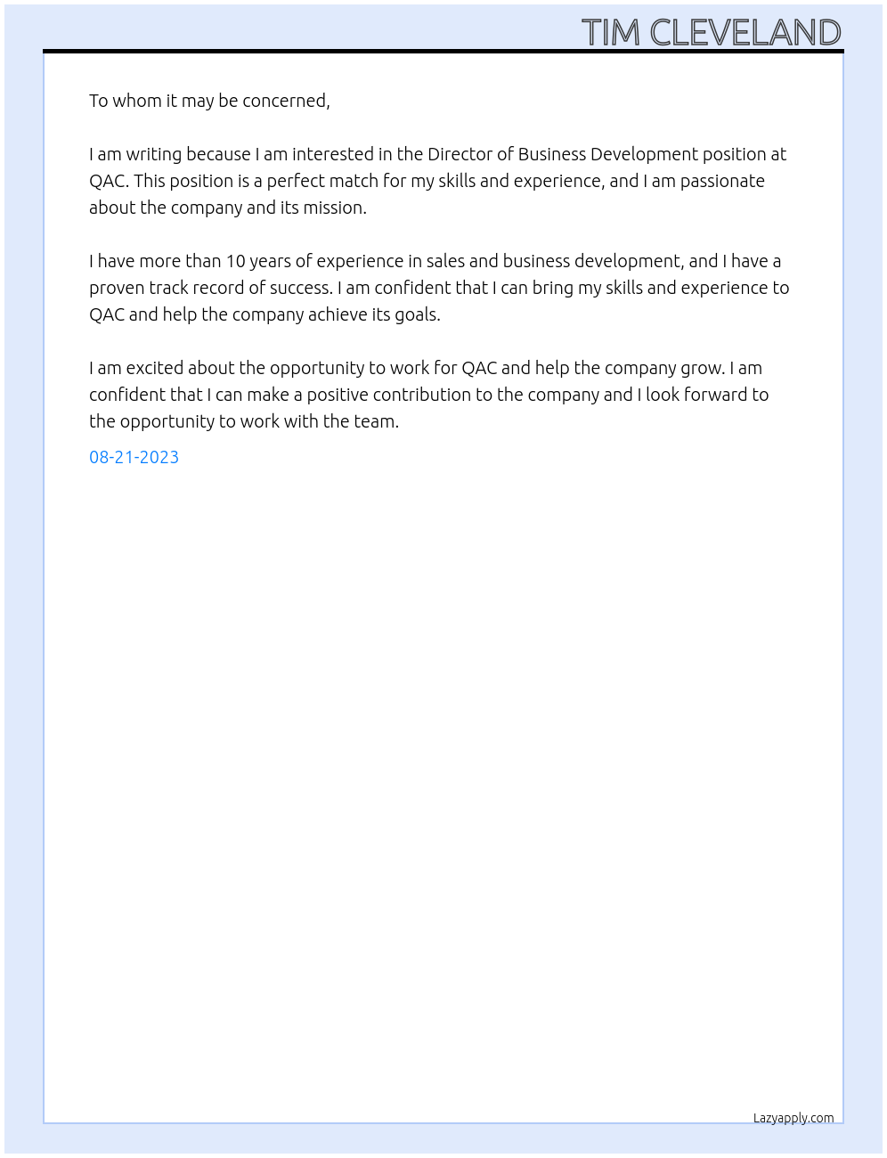 Director of Business Development At QAC Cover Letter