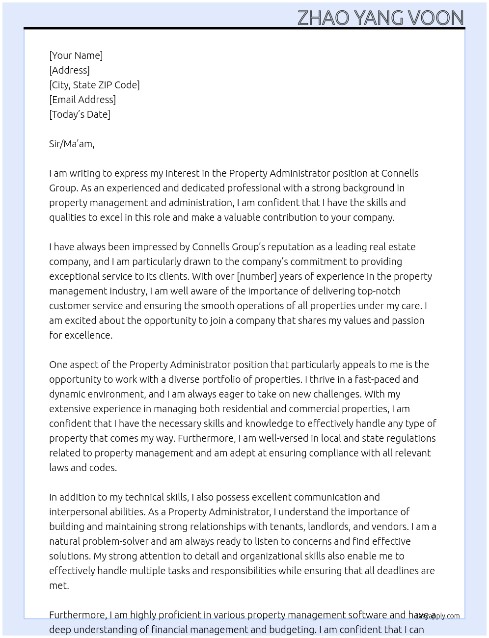 Property Administrator At Connells Group Cover Letter