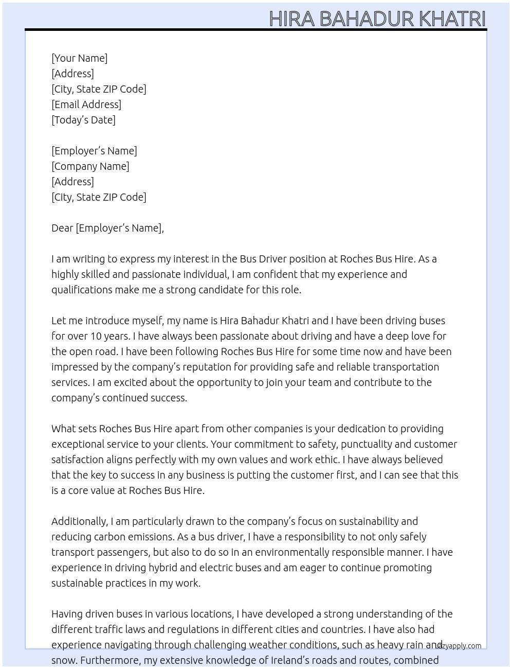 Bus driver At Roches bus hire Cover Letter