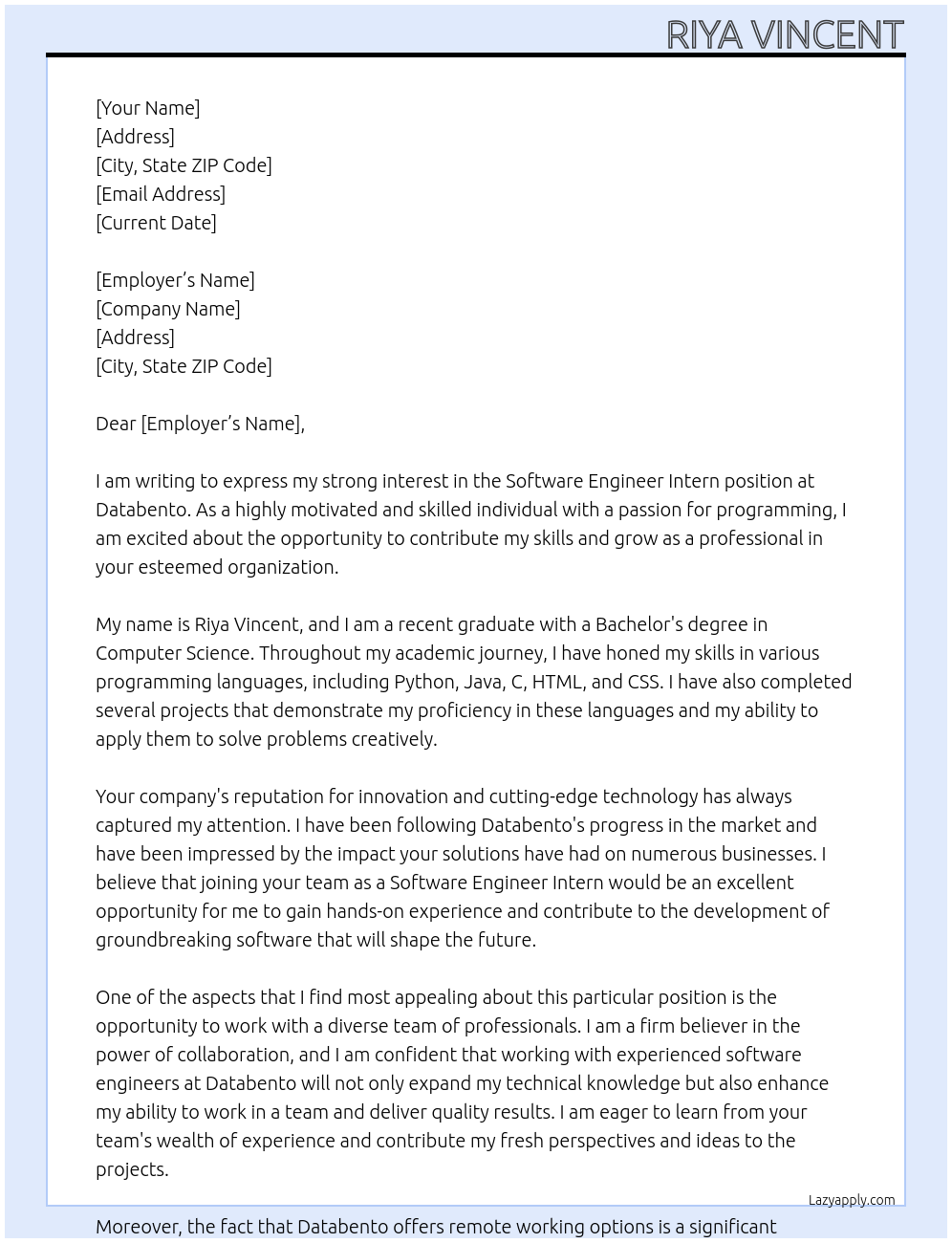 Software Engineer Intern At Databento Cover Letter