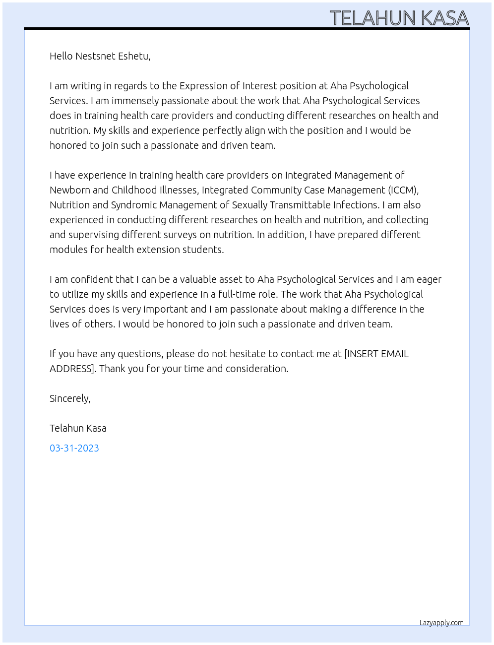 Expression of Interest  At Aha Psychological Services Cover Letter