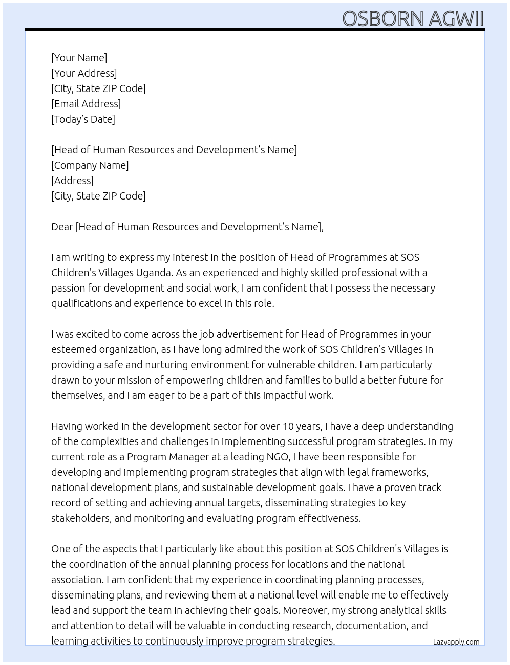 HEAD OF PROGRAMMES At SOS Children's Villages Uganda Cover Letter