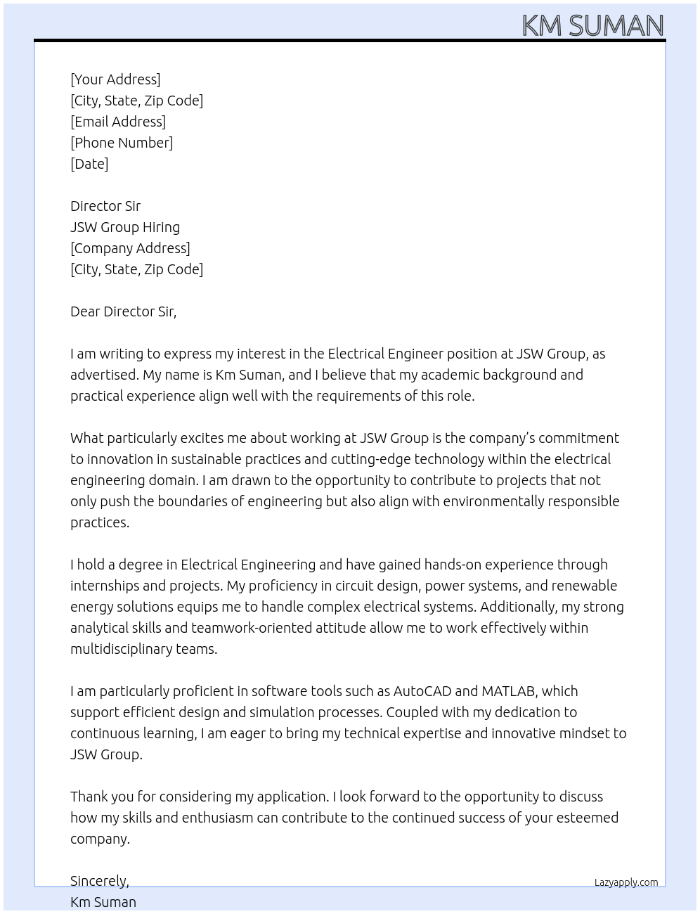 Electrical Engineer At JSW Group Hiring Cover Letter