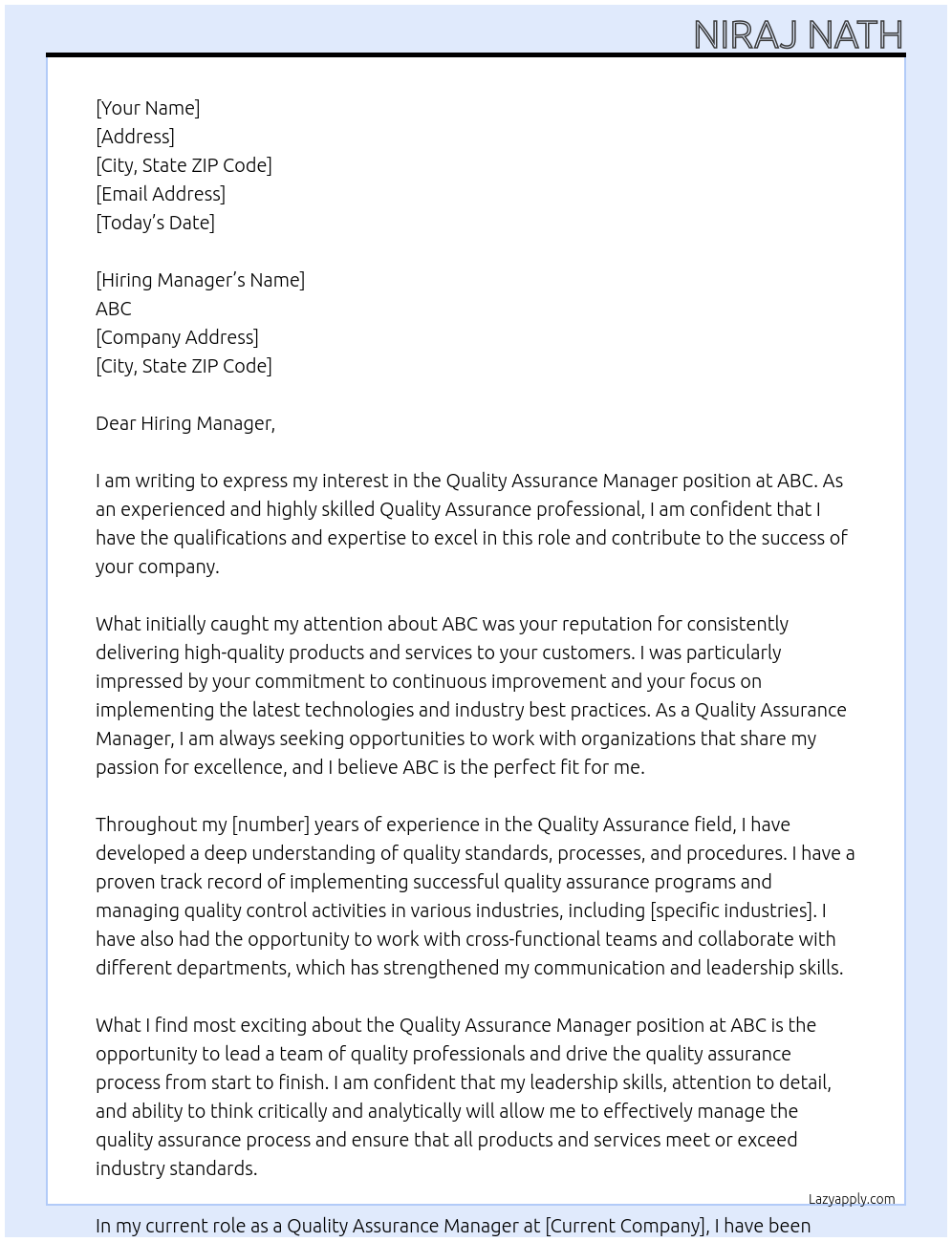 Quality Assurance Manager At ABC Cover Letter