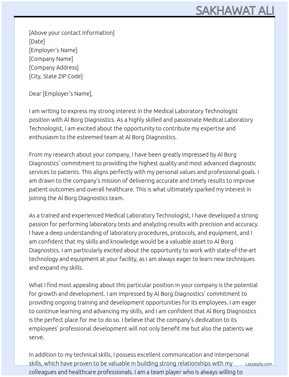 Medical Laboratory Technologist At Al Borg Diagnostics Cover Letter