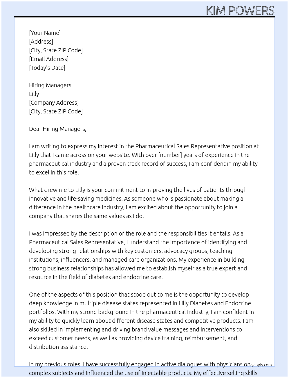 Pharmaceutical Sales Representative At Lilly Cover Letter