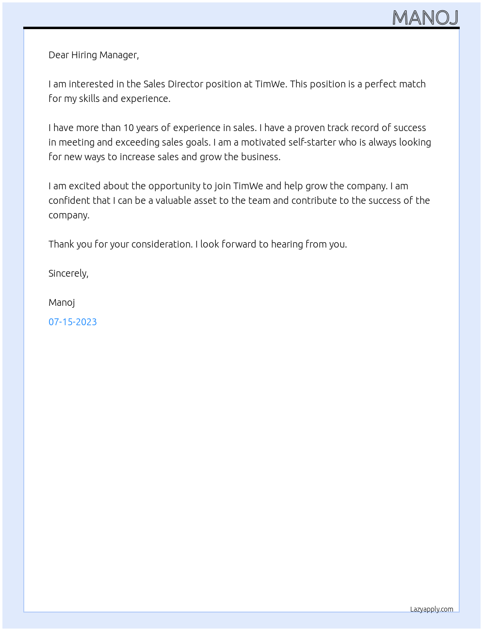 Sales Director At TimWe Cover Letter