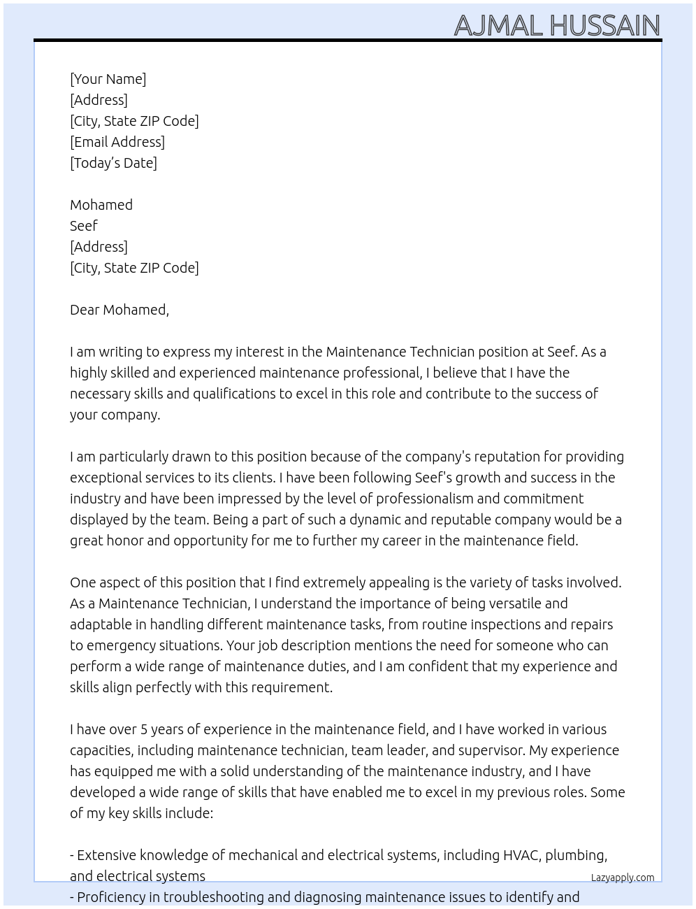 Maintenance Technician At Seef Cover Letter